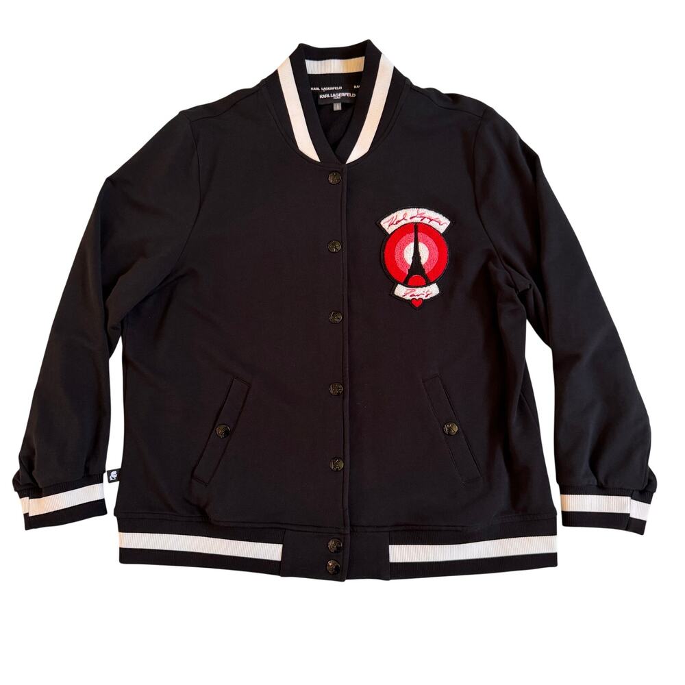 Karl Lagerfeld Varsity Jacket Paris Embroidered Patch Snap Front Size Large